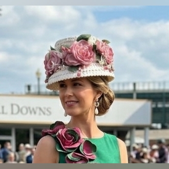No Label Accessories - Vintage straw women’s tall pill hat decorated with large pink and white flowers